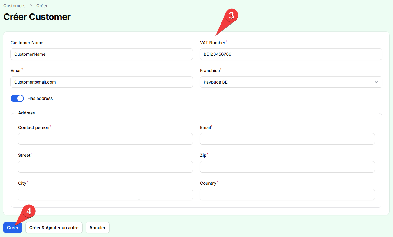 The Create Customer form