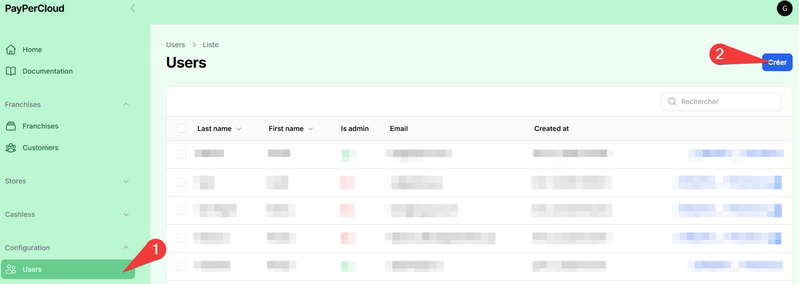 The User List with create button